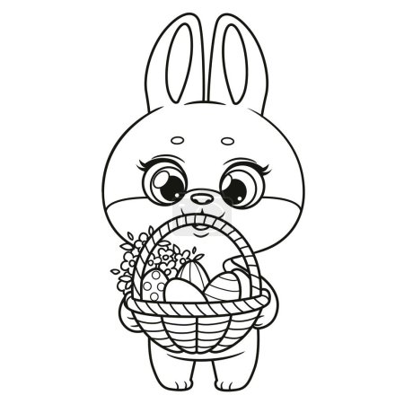 Téléchargez les illustrations : Lapin dessin animé mignon avec panier avec oeufs décorés de Pâques variante esquissée sur un fond blanc - en licence libre de droit