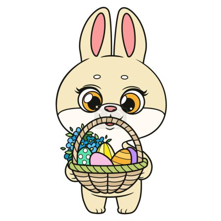 Foto de Lindo conejito de dibujos animados con cesta con huevos decorados con Pascua variación de color sobre un fondo blanco - Imagen libre de derechos