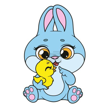 Illustration for Cute cartoon bunny play with Easter chicken color variation isolated on white background. Image produced without the use of any form of AI software at any stage - Royalty Free Image
