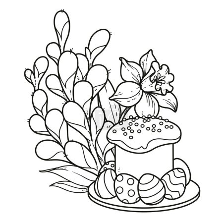 Ilustración de Pastel de Pascua y huevos decorados ramas de sauce delineadas para colorear página aislada sobre fondo blanco - Imagen libre de derechos