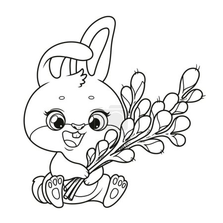 Foto de Lindo conejito de dibujos animados con ramas de sauce en las patas delineadas para colorear sobre un fondo blanco - Imagen libre de derechos