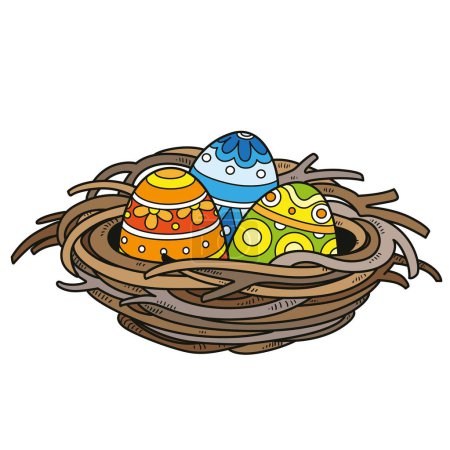 Foto de Nido con huevos de Pascua pintados variación de color sobre un fondo blanco - Imagen libre de derechos