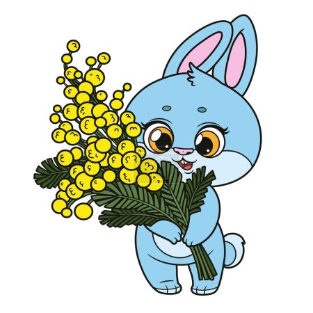 Téléchargez les photos : Mignon lapin dessin animé tenant un grand bouquet de fleurs de mimosa dans les pattes variation de couleur sur fond blanc - en image libre de droit