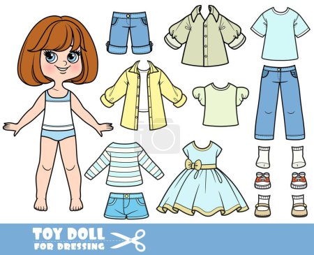 Illustration for Cartoon brunette girl  with short bob and clothes separately  -  long sleeve, shirt, shorts, casual dresses, sandals, jeans and sneakers - Royalty Free Image