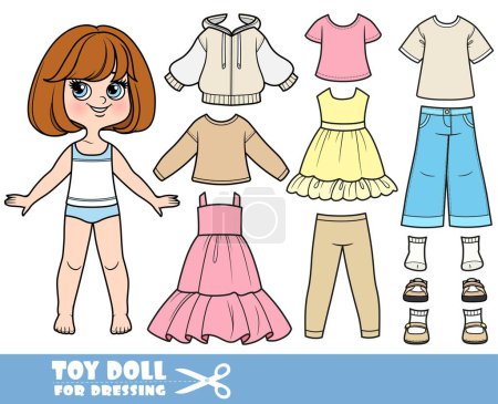 Illustration for Cartoon brunette girl  with short bob and clothes separately  -  long sleeve, sundress, dress, jeans and boots - Royalty Free Image