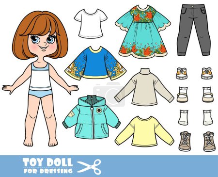 Illustration for Cartoon brunette girl  with short bob and clothes separately  -  long sleeve, dress, insulated jacket, jeans and boots - Royalty Free Image