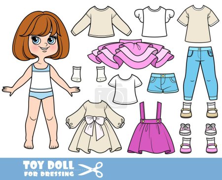 Illustration for Cartoon brunette girl with short bob and clothes separately  -  long sleeve, shorts, shirts, tu-tu, skirt, casual dress, jeans and boots - Royalty Free Image