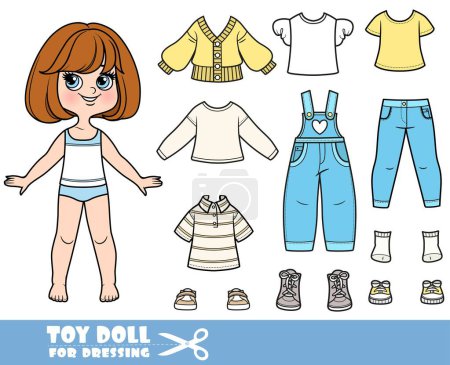 Illustration for Cartoon brunette girl with short bob and clothes separately  -  long sleeve,  shirts, denim overalls, cardigan, jeans and boots - Royalty Free Image