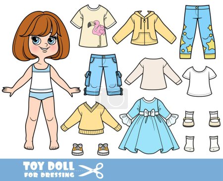 Illustration for Cartoon brunette girl  with short bob and clothes separately  -  long sleeve, dress, jeans and boots - Royalty Free Image