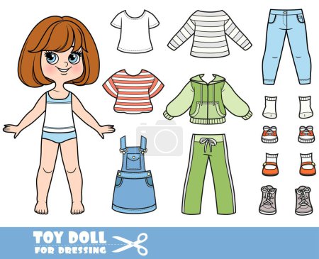 Illustration for Cartoon brunette girl with short bob and clothes separately  -  long sleeve,striped T-shirt, tracksuit, denim sundress, jeans and boots - Royalty Free Image