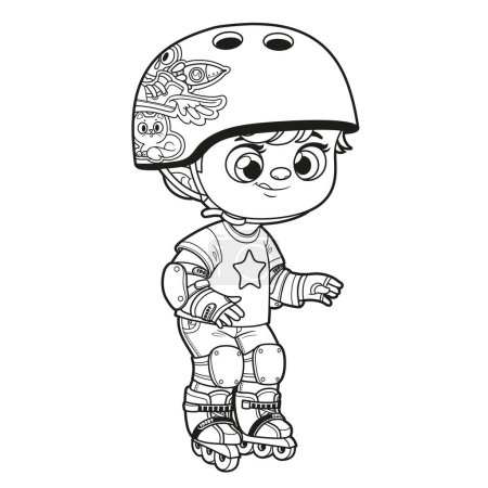 Foto de Lindo niño de dibujos animados en un casco y el uso de equipo de protección en patines esbozados para colorear página sobre fondo blanco - Imagen libre de derechos