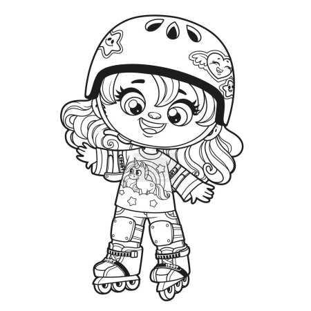 Foto de Linda chica de dibujos animados en un casco y el uso de equipo de protección en patines esbozados para colorear página sobre fondo blanco - Imagen libre de derechos