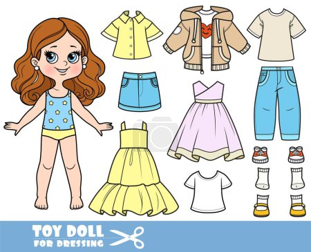 Illustration for Cartoon brunette girl  and clothes separately -  dress,jacket, shirt, shorts, sandals, jeans and sneakers - Royalty Free Image