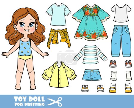 Illustration for Cartoon brunette girl  and clothes separately -  dress,long sleeve, shirt, shorts, sandals, jeans and sneakers - Royalty Free Image
