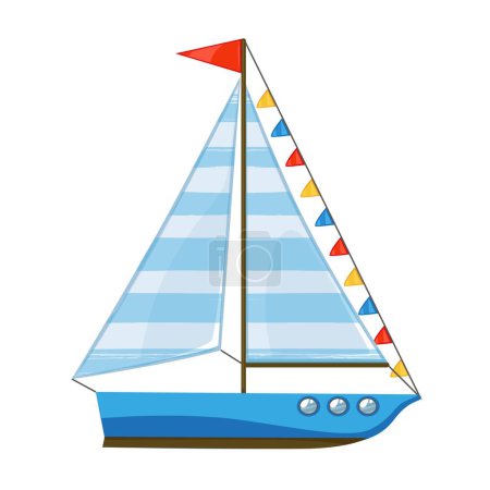 Illustration for Toy yacht with a large striped triangular sail and flags isolated on white background - Royalty Free Image