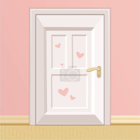 Ilustración de Puerta delantera rectangular de madera blanca sobre fondo de pared rosa - Imagen libre de derechos