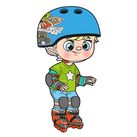 Ilustración de Lindo niño de dibujos animados en un casco y el uso de equipo de protección en patines variación de color - Imagen libre de derechos
