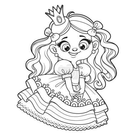Linda chica coqueta de pelo largo de dibujos animados en un vestido de princesa delineado para colorear página sobre fondo blanco