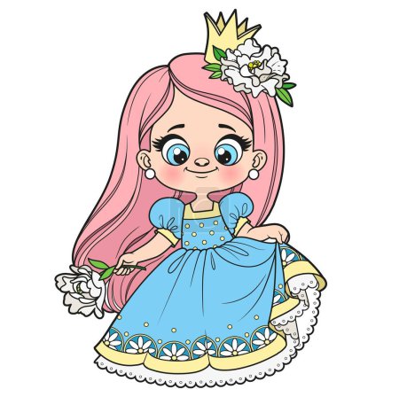 Mignon dessin animé fille aux cheveux longs dans une robe de princesse avec une grande fleur à la main variation de couleur sur fond blanc 