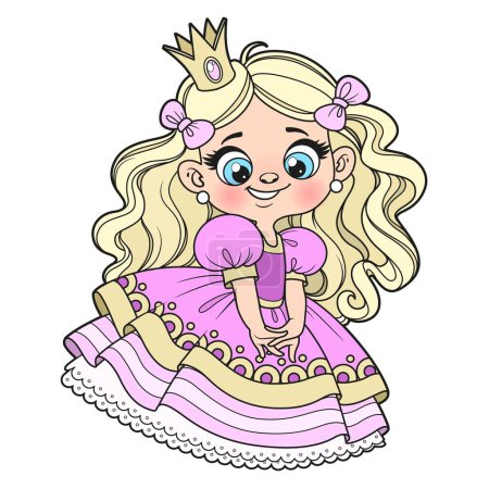 Linda chica coqueta de pelo largo de dibujos animados en una variación de color de vestido de princesa rosa sobre fondo blanco 
