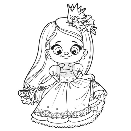 Linda chica de pelo largo de dibujos animados en un vestido de princesa con gran flor en la mano delineado para colorear página sobre fondo blanco
