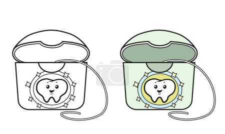 Coloring page floss with cartoon tooth isolated on a white background