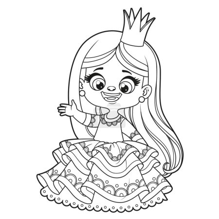Linda caricatura de pelo largo coqueta princesa chica delineada para colorear página sobre fondo blanco