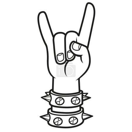 Hand mit Lederarmbändern mit Stacheln zeigt eine Geste in Form des kleinen Fingers und Zeigefingers nach vorne, Ziegensymbol