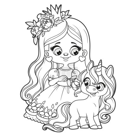 Linda chica princesa de pelo largo de dibujos animados con unicornio delineado para colorear página sobre fondo blanco