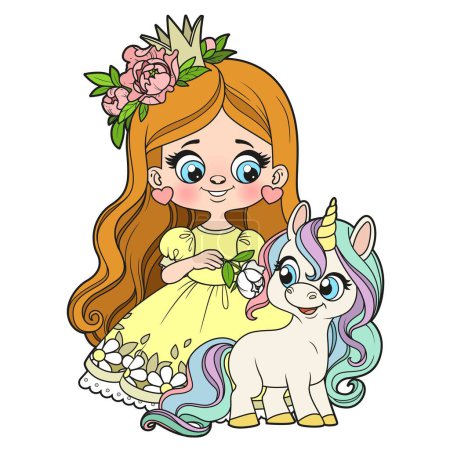 Linda chica princesa de pelo largo de dibujos animados con variación de color unicornio sobre fondo blanco