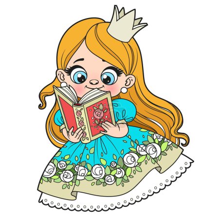 Nette Karikatur langhaarige Prinzessin Mädchen lesen ein Buch Farbvariante auf weißem Hintergrund