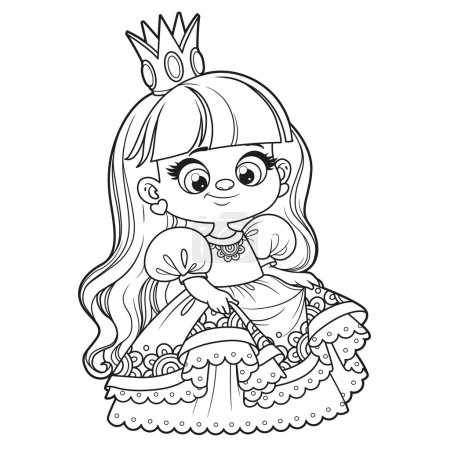Cute cartoon longhaired girl in a lush princess dress outlined for coloring page on white background