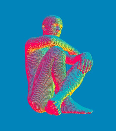 Man thinks about a problem. Despair, depression, hopelessness or addiction Concept. 3D model of man. Voxel art. Vector illustration.