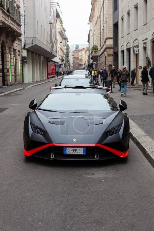 Photo for Milan, Italy - Ottobre 16, 2022: Lamborghini Huracan STO super sports car in black parked in Montenapoleone street - Royalty Free Image