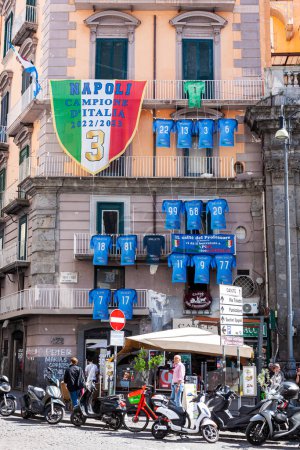 Photo for Naples, Italy - June 16, 2023: Naples champions of Italy, Blue and white celebration ribbons and flags on the streets in the city centre of Naples, Italy - Royalty Free Image