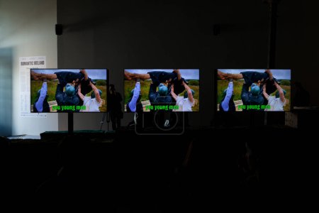 Foto de Venice, Italy - April 18, 2024: Video Installation by Sara Greavu e Project Arts Centre, titled Eimear Walshe exposed at the Arsenale, Irish Pavilion during the 60th International Art exhibition of Venice biennale - Imagen libre de derechos