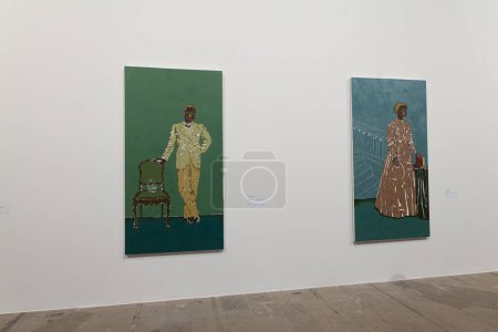 Foto de Venice, Italy - April 17, 2024: Artworks by Nour Jaouda from the serie Full-Body Portraits exposed at the Arsenale during the 60th International Art exhibition of Venice biennale titled Foreigners Everywhere, Stranieri Ovunque - Imagen libre de derechos