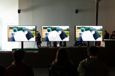 Foto de Venice, Italy - April 18, 2024: Video Installation by Sara Greavu e Project Arts Centre, titled Eimear Walshe exposed at the Arsenale, Irish Pavilion during the 60th International Art exhibition of Venice biennale - Imagen libre de derechos