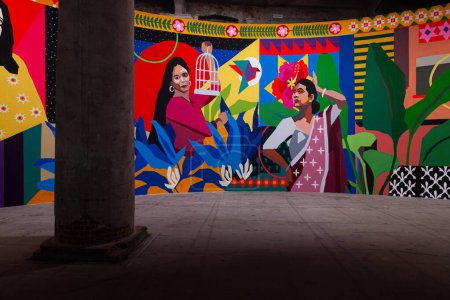 Foto de Venice, Italy - April 17, 2024: Murales by Aravani Art Project, titled Diaspora at the Arsenale during the 60th International Art exhibition of Venice biennale titled Foreigners Everywhere, Stranieri Ovunquee - Imagen libre de derechos