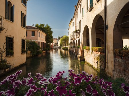 The Italian city of Treviso in the province of Veneto. View of the river Buranelli and the architecture of the city, Italy