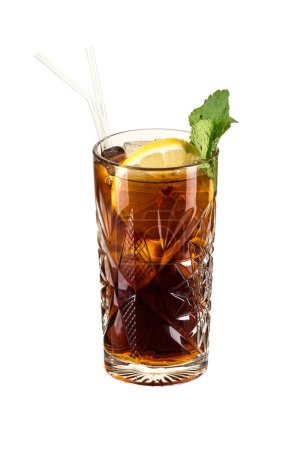 Photo for Cuba Libre with brown rum, cola, mint and lemon isolated on white. - Royalty Free Image
