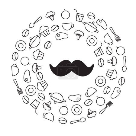 Téléchargez les illustrations : Donut composé de tous les attributs d'un café et de nourriture et au centre de la moustache, logo, contour noir sur fond blanc, illustration vectorielle eps - en licence libre de droit