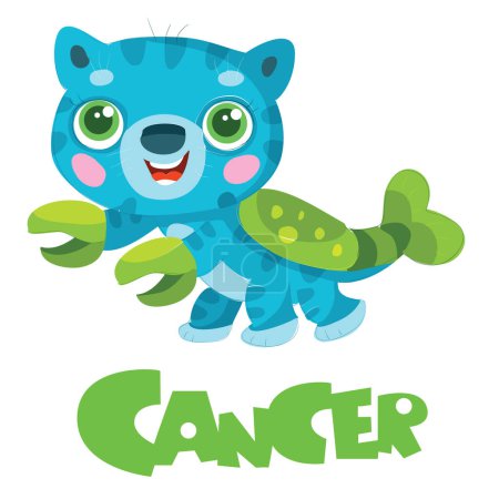 Illustration for Zodiac sign cancer, blue cat with green ticks and shell, year of the cat, isolated object on a white background, cartoon illustration, vector, eps - Royalty Free Image
