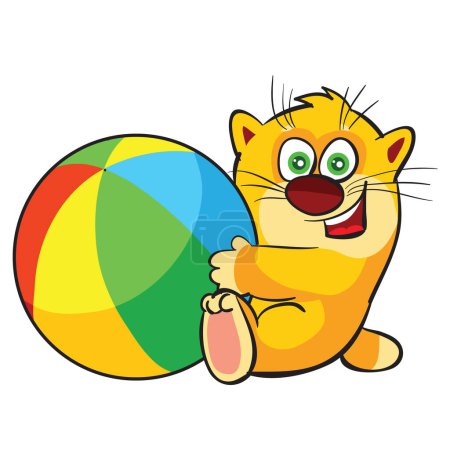 Illustration for Cute ginger kitten yips with a big colored ball, cartoon illustration, isolated object on a white background, vector, eps - Royalty Free Image