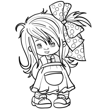 Ilustración de Bosquejo, una chica en un vestido retro en botas grandes y con un gran arco, libro para colorear, ilustración de dibujos animados, objeto aislado sobre un fondo blanco, vector, eps - Imagen libre de derechos