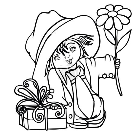 Téléchargez les illustrations : Croquis, un garçon dans une veste plus grande et un grand chapeau tient une fleur dans ses mains et s'appuie sur une boîte attachée avec un arc, illustration de dessin animé, objet isolé sur un fond blanc, vecteur, eps - en licence libre de droit