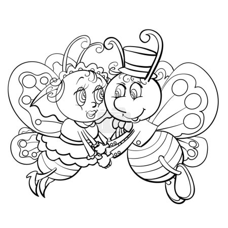Ilustración de Boceto, dos mariposas lindas como novia y novio lindo cogido de la mano, ilustración de dibujos animados, objeto aislado sobre fondo blanco, vector, eps - Imagen libre de derechos