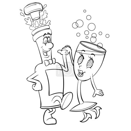 Ilustración de Boceto, dos personajes una botella y un vaso son lindos bailando de la mano, ilustración de dibujos animados, objeto aislado sobre un fondo blanco, vector, eps - Imagen libre de derechos