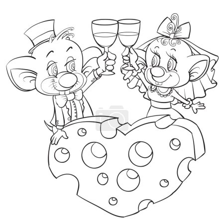 Illustration for Sketch, two mice in the role of the groom and the bride drink champagne, hiding behind a piece of cheese in the form of a heart, cartoon illustration, isolated object on a white background, vector, eps - Royalty Free Image