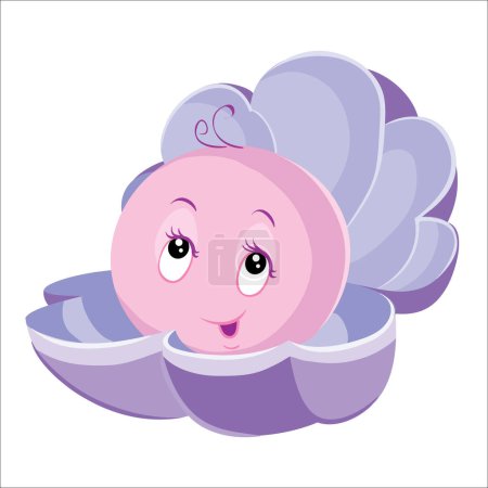 Illustration for Cute pearl with big eyes sits in a shell, cartoon illustration, isolated object on a white background, vector, eps - Royalty Free Image